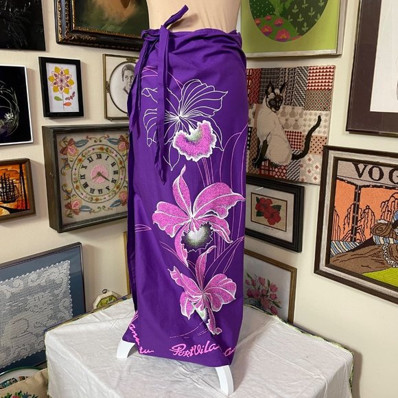 Port Vila Vanuatu Purple and Pink Floral Orchid Print Swim Coverup Sarong OSFM - Picture 3 of 4